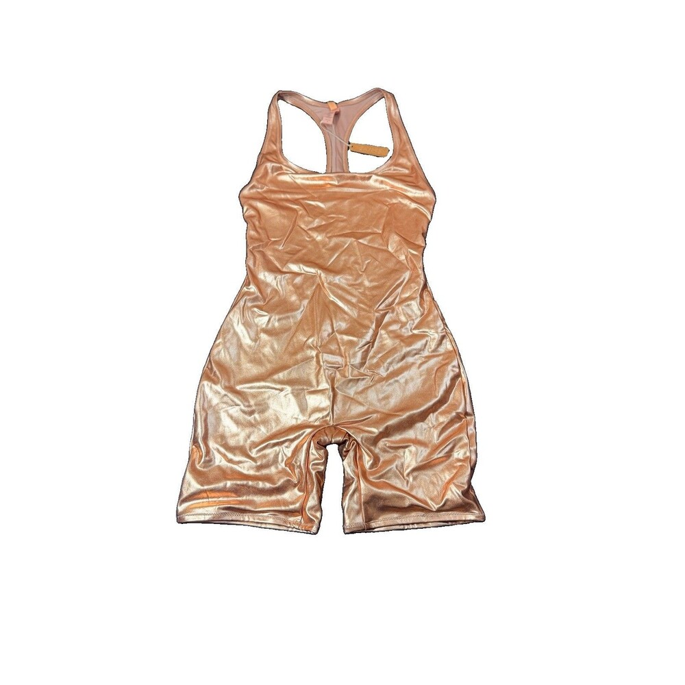 SKIMS Swim Women's Champagne Gold Metallic Racerback Romper Suit Size Medium NWT